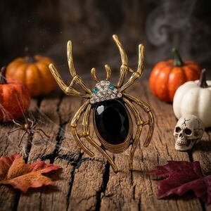 Gold Tone BLACK Rhinestone Spider Brooch Halloween Pin